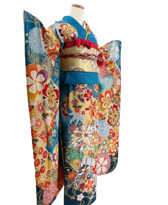 成人式振袖[モダン]ターコイズブルーに裾濃い青・金赤の菊、桜、几帳[身長168cmまで]No.979